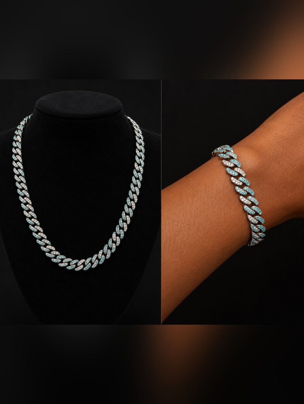 18" Silver & Aqua Iced Cuban Link Necklace + 8" Bracelet Set